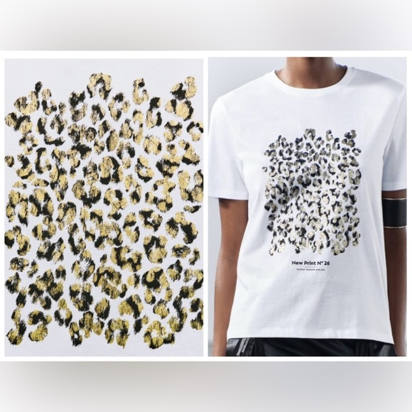 Zara Tops - Zara White T-shirt | Gold & Black Metallic Leopard Print | NWT | Sold Out | XL